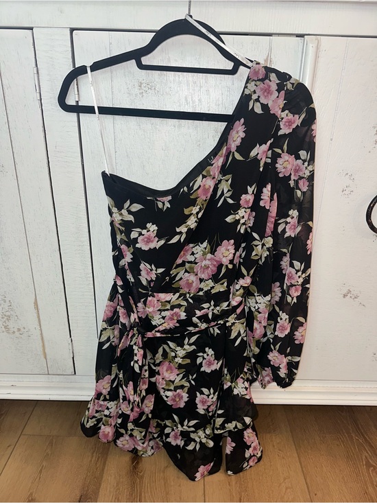 Lulus Dresses & Skirts - Lulu's Black One-Shoulder Floral Mini Dress with Pink Blossoms